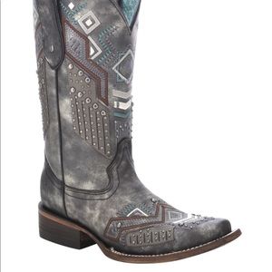 Corral Grey Embroidery and Studs Square Toe